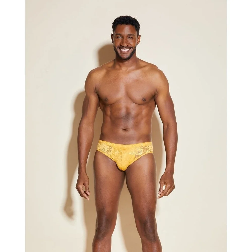 Cosabella Mens‎ Mustard Yellow Floral Lace Briefs Intimate Underwear Sheer